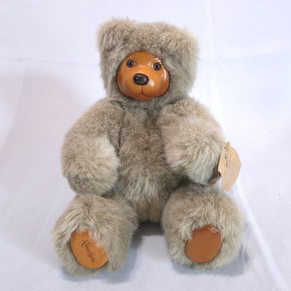 Vtg Robert Raikes 1989 Wooden Face Teddy Bear Plush Brown 11in Collectible Toy